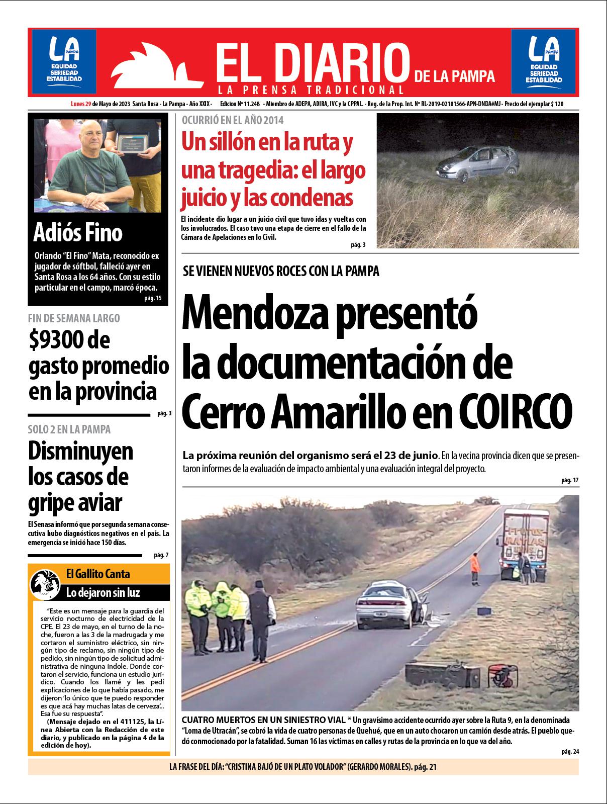 Tapa de El Diario en papel  lunes 29 de mayo de 2023